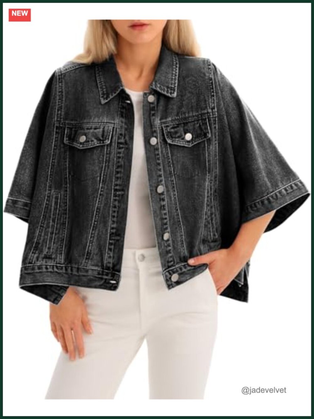 Oversized Cropped Cotton Denim Cape Jacket Button Down Chest Pockets